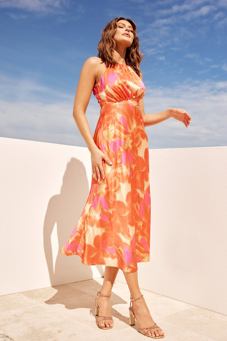 Happy Feelings Satin Midi Dress - Tangerine Multi DRESSES Sage and Paije