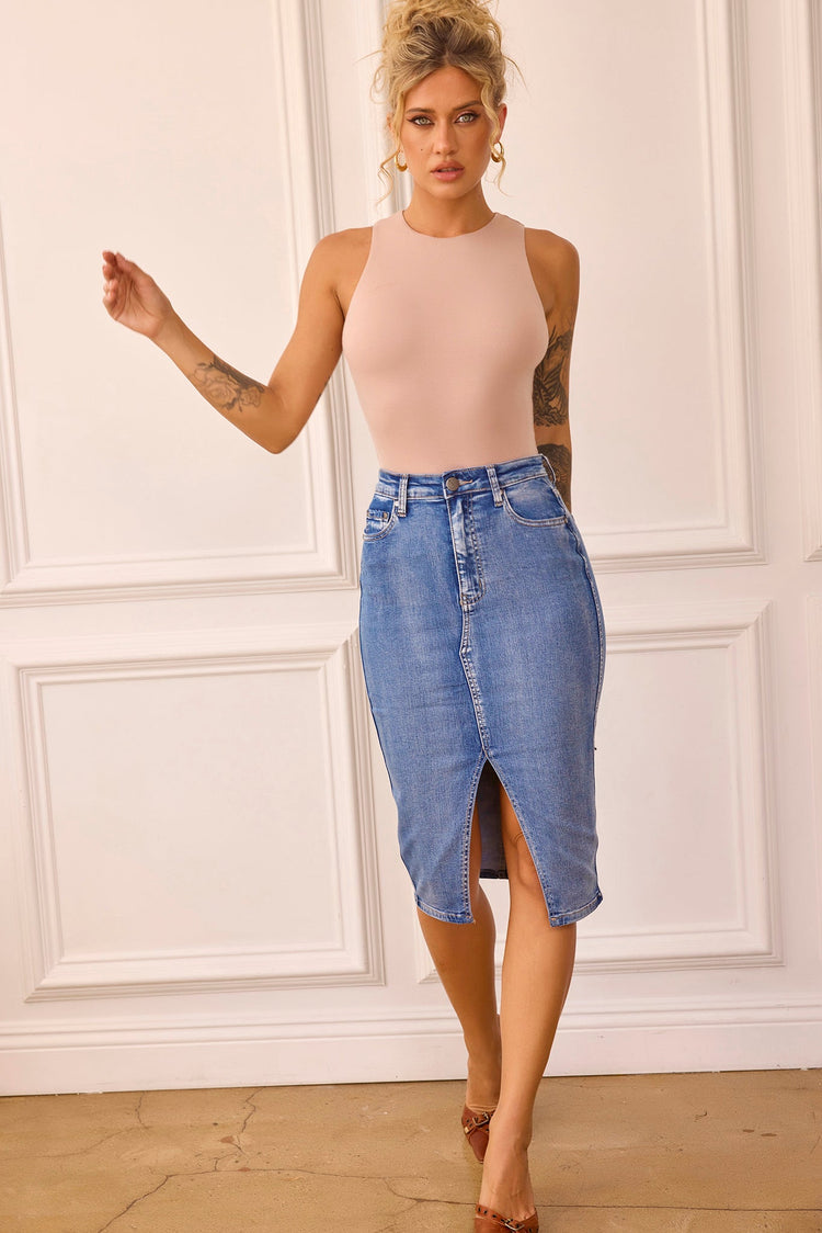 Midnight Sun Denim Midi Skirt - Blue DENIM Sage and Paije