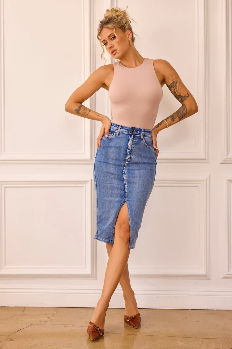 Midnight Sun Denim Midi Skirt - Blue DENIM Sage and Paije
