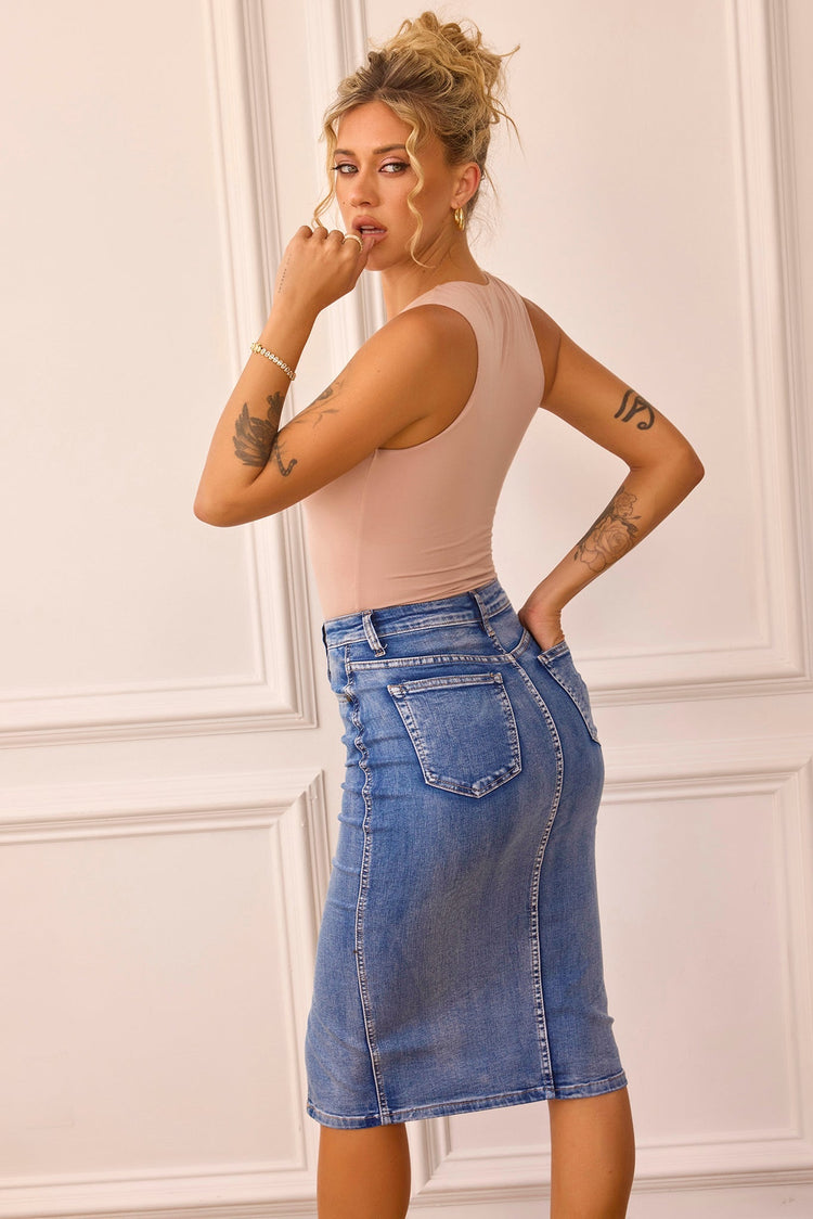 Midnight Sun Denim Midi Skirt - Blue DENIM Sage and Paije