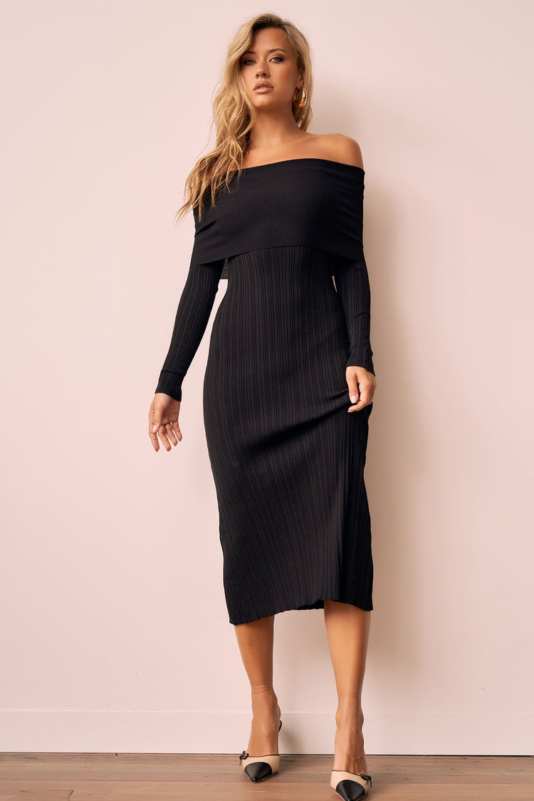 Top Notch Knit Midi Dress - Black KNITWEARS Sage and Paije