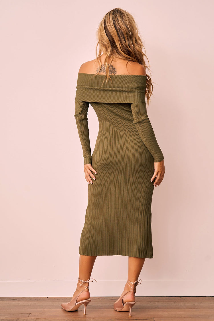 Top Notch Knit Midi Dress - Khaki KNITWEARS Sage and Paije