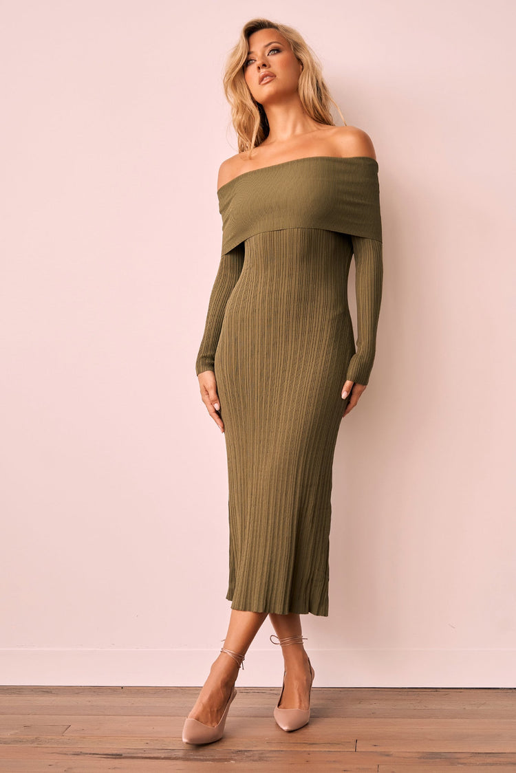 Top Notch Knit Midi Dress - Khaki KNITWEARS Sage and Paije