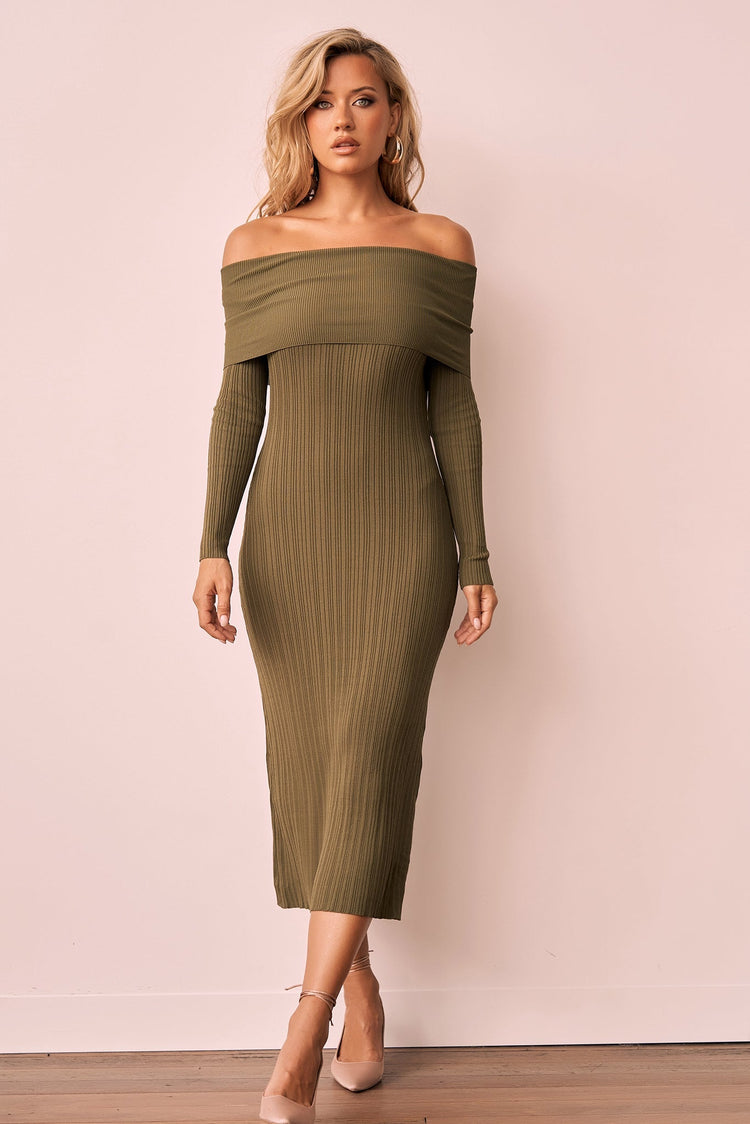 Top Notch Knit Midi Dress - Khaki KNITWEARS Sage and Paije