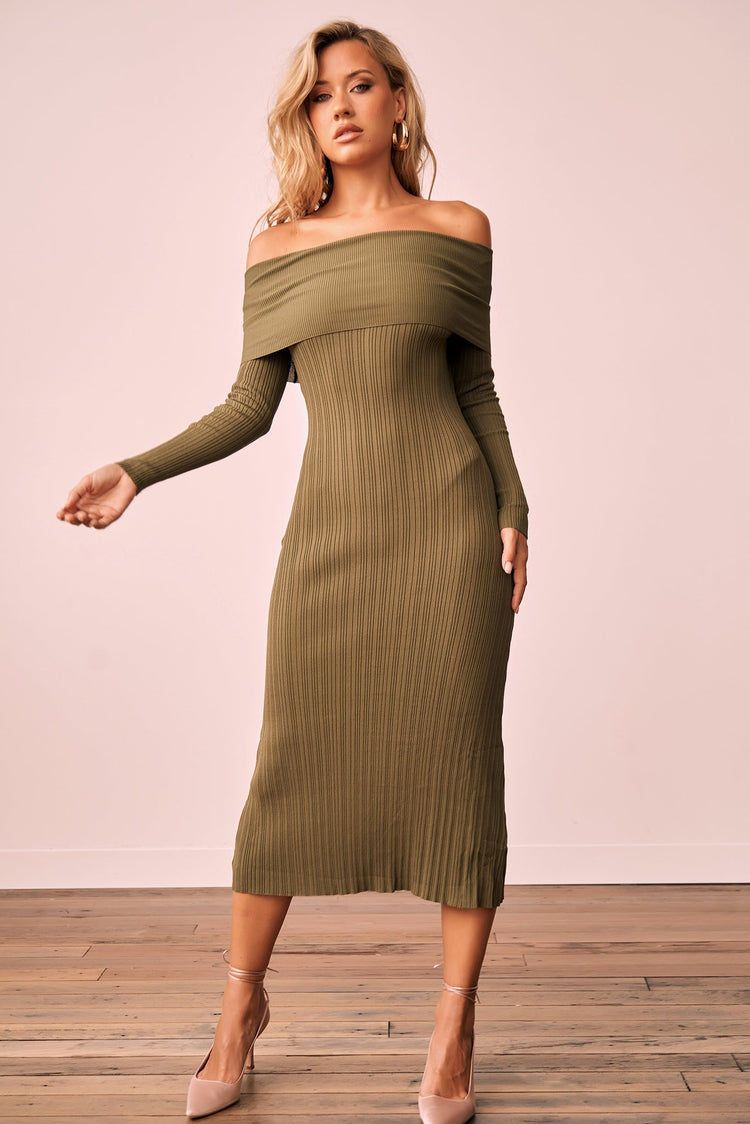 Top Notch Knit Midi Dress - Khaki KNITWEARS Sage and Paije