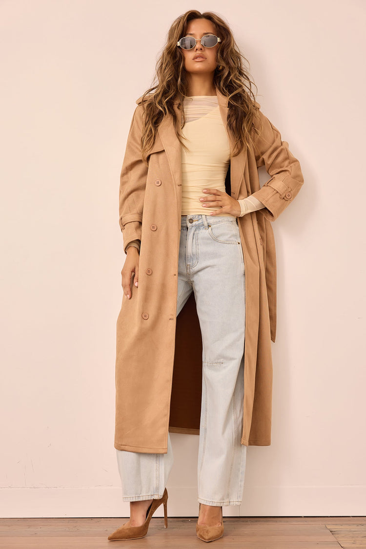 The Penny Vegan Suede Trench Coat Tan - Main Image