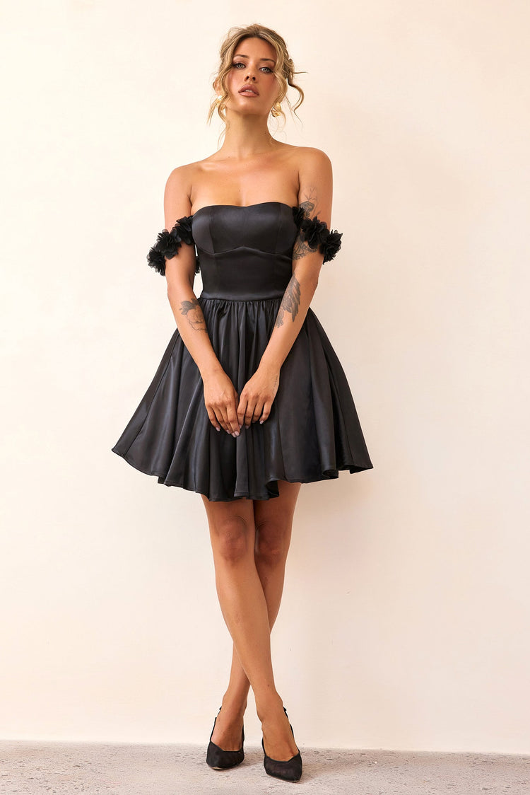 Soft Confession Satin Mini Dress - Black-DRESSES