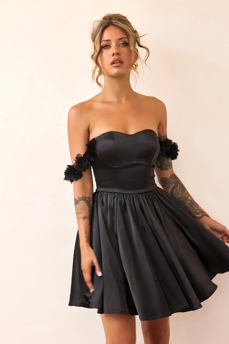 Soft Confession Satin Mini Dress - Black-DRESSES