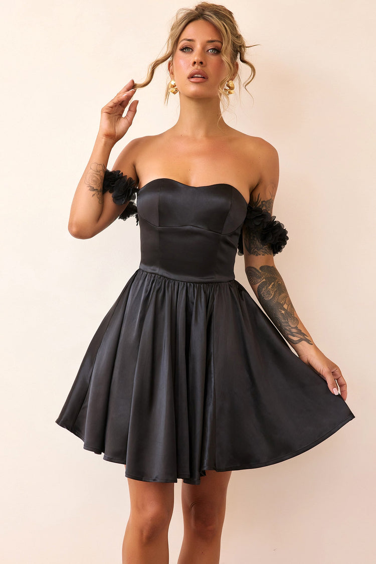 Soft Confession Satin Mini Dress - Black-DRESSES