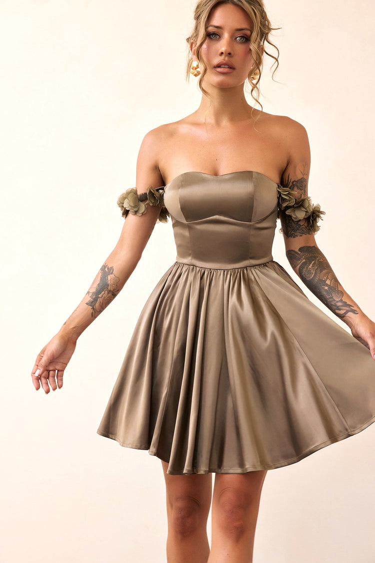Soft Confession Satin Mini Dress - Olive Khaki-DRESSES