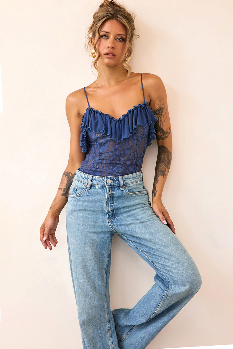 Soft Whispers Lace Bodysuit - Midnight Blue-TOPS