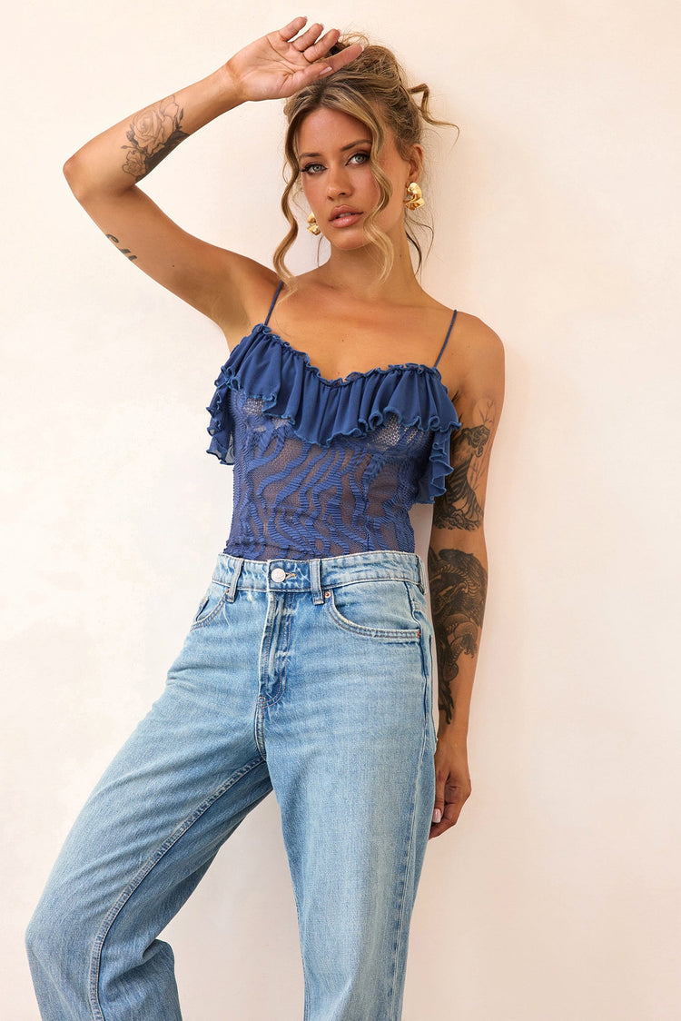 Soft Whispers Lace Bodysuit - Midnight Blue-TOPS