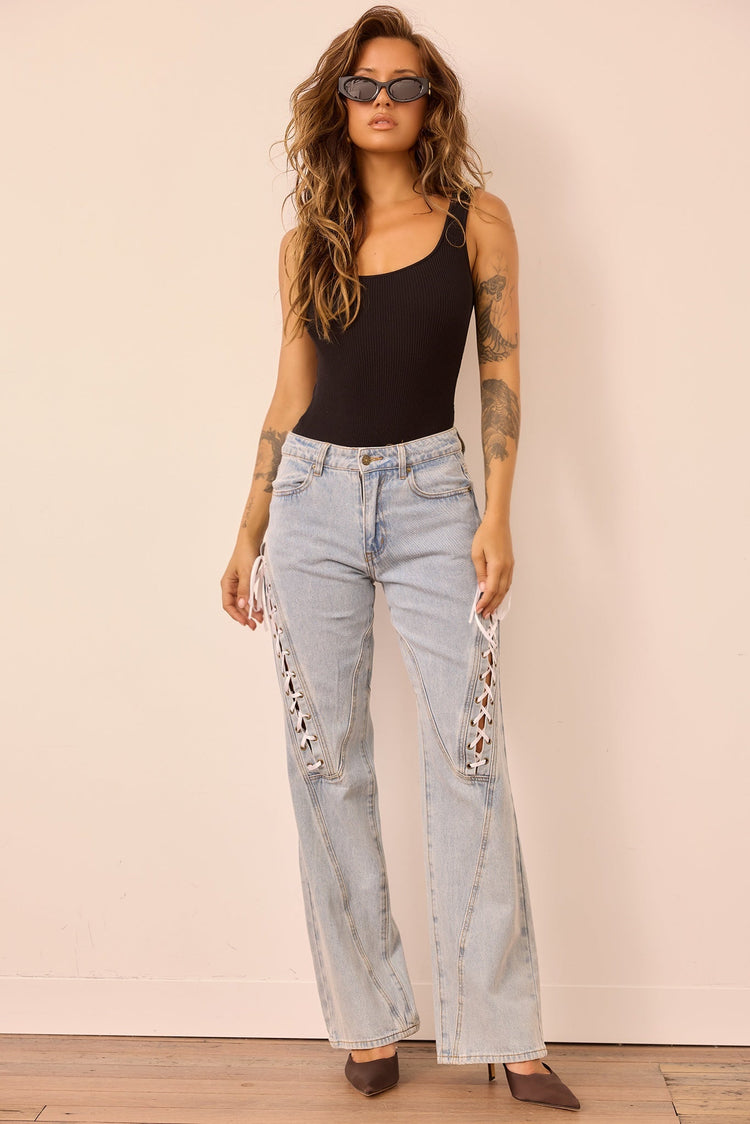 Venus Lace Denim Jeans - Washed Blue