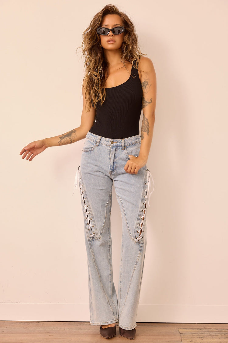 Venus Lace Denim Jeans - Washed Blue