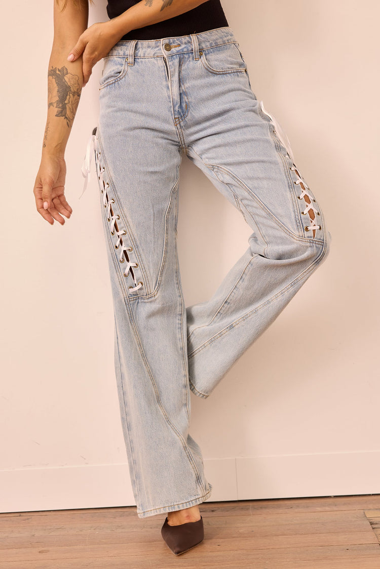 Venus Lace Denim Jeans - Washed Blue