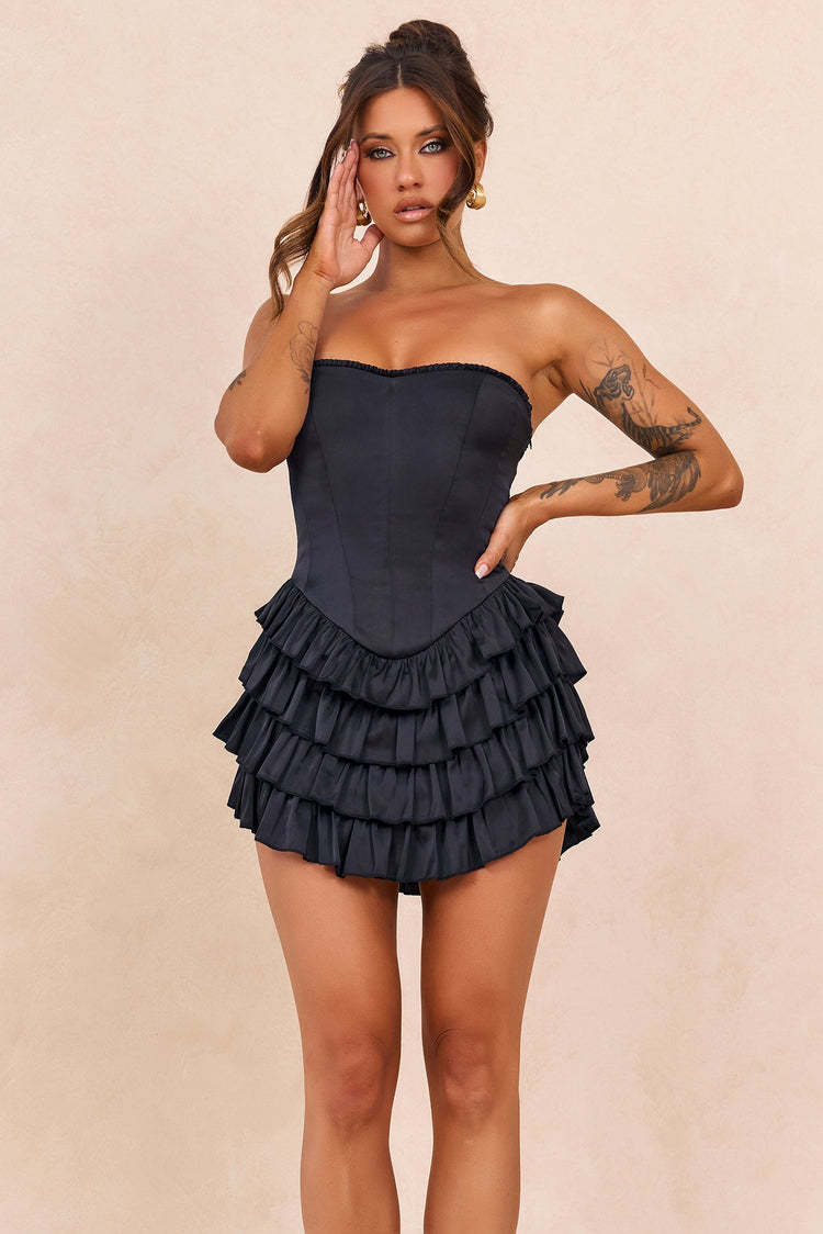 Velour Reverie Satin Mini Dress - Black