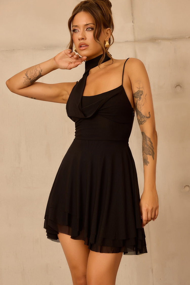 Nocturne Veil Mesh Mini Dress - Black