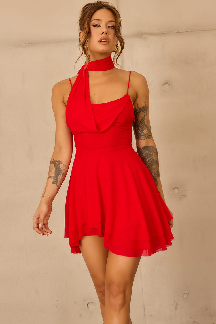 Nocturne Veil Mesh Mini Dress - Red