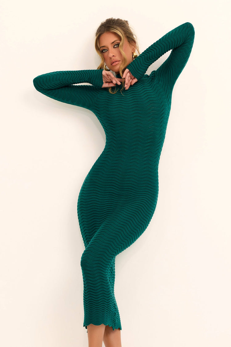 Midnight Ripple Knit Midi Dress - Forest Green