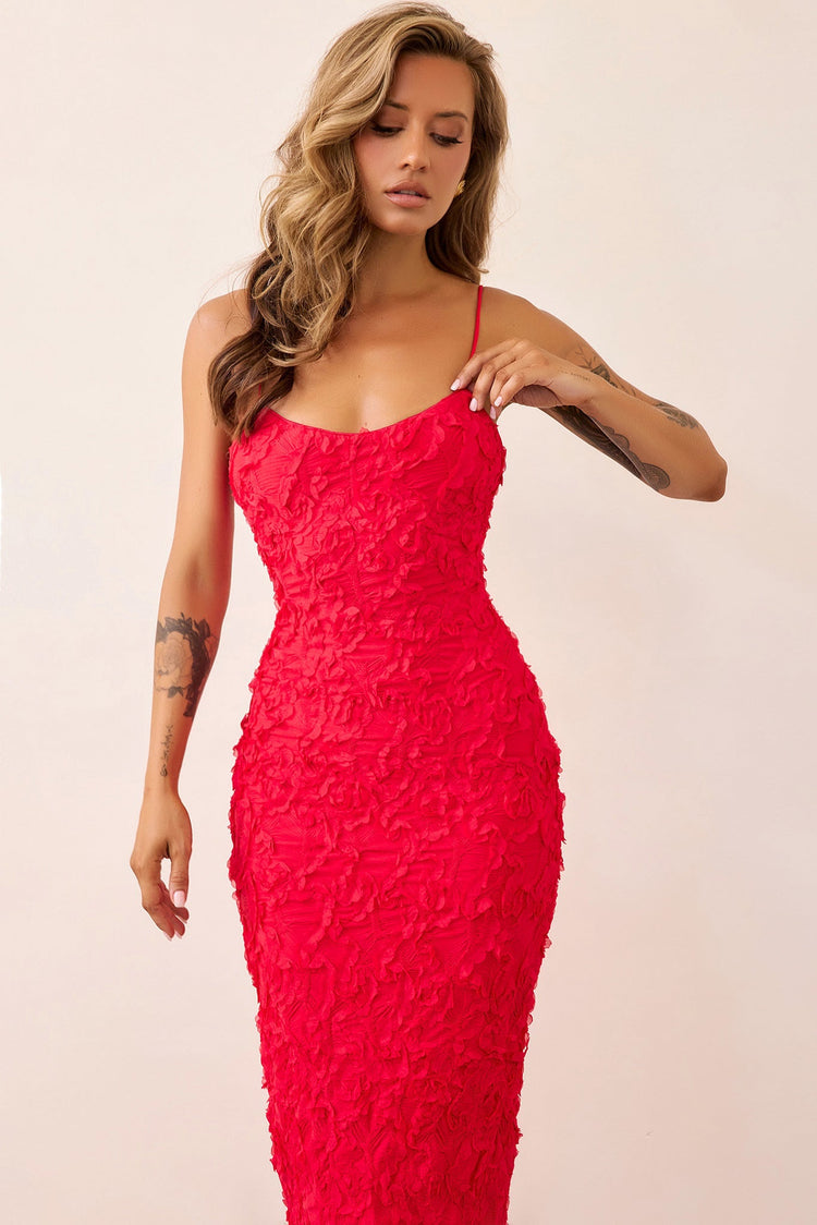 Petal Trace Midi Dress - Red-DRESSES