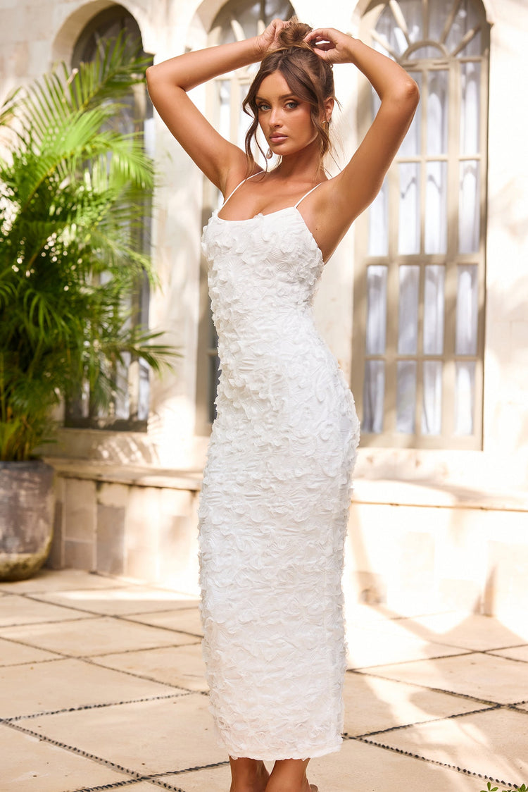 Petal Trace Midi Dress - White-DRESSES