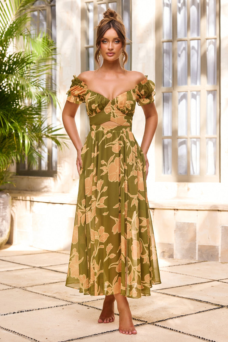 Solstice Bloom Chiffon Midi Dress - Olive Multi