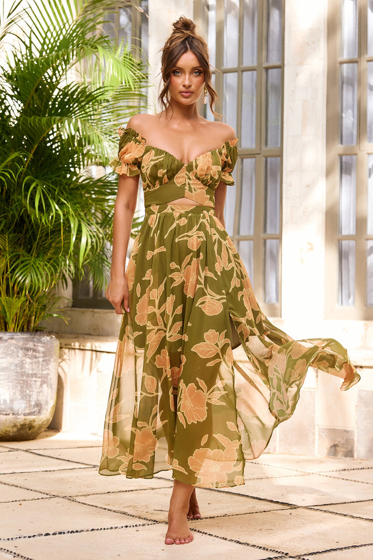 Solstice Bloom Chiffon Midi Dress - Olive Multi