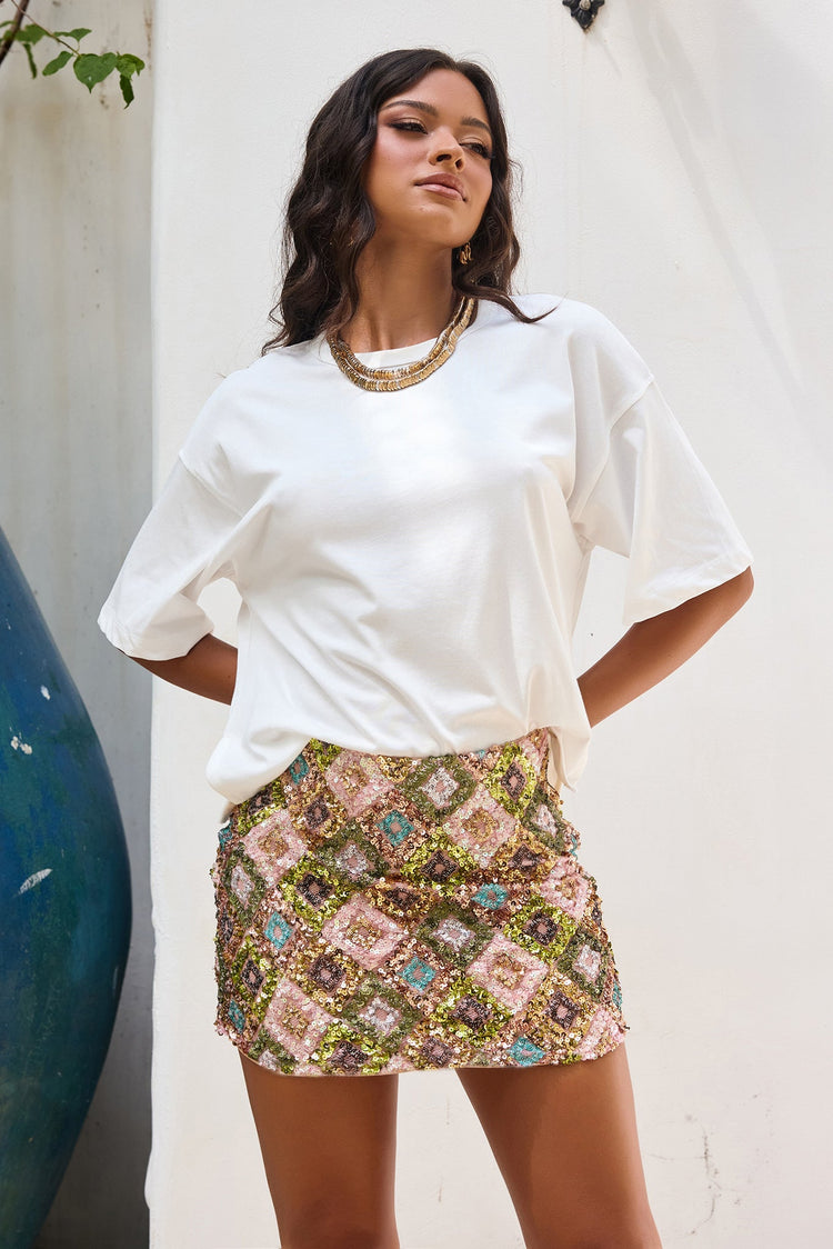 Mosaic Glow Sequin Mini Skirt - Lime Multi