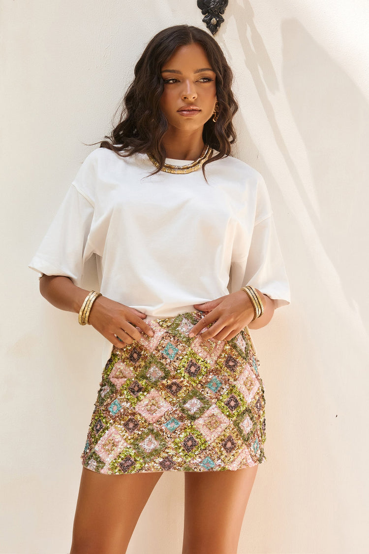 Mosaic Glow Sequin Mini Skirt - Lime Multi