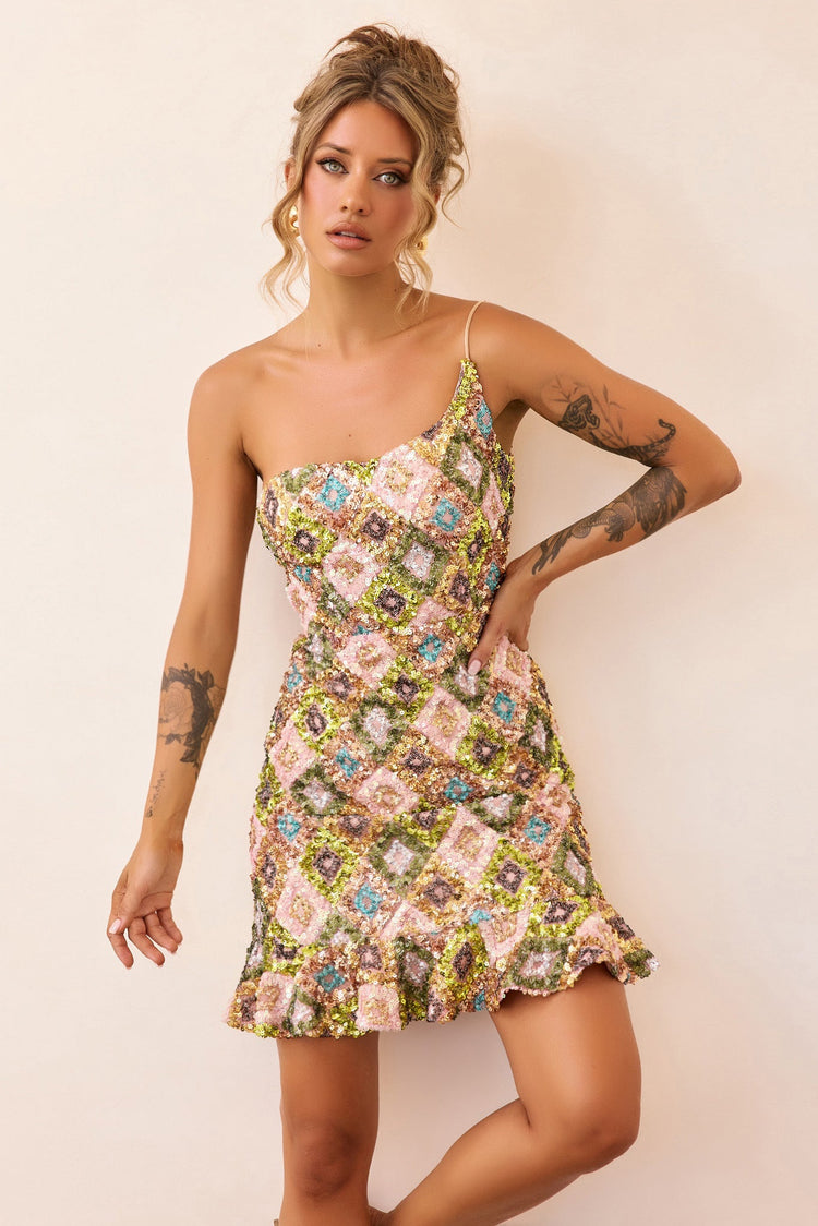 Mirage Mosaic Sequin Mini Dress - Lime Multi-DRESSES