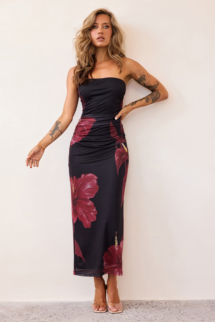 Crimson Whisper Mesh Midi Dress - Black-DRESSES