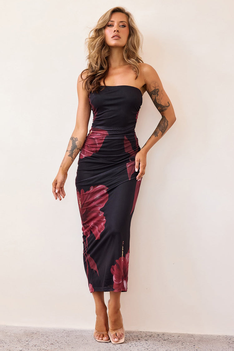 Crimson Whisper Mesh Midi Dress - Black-DRESSES