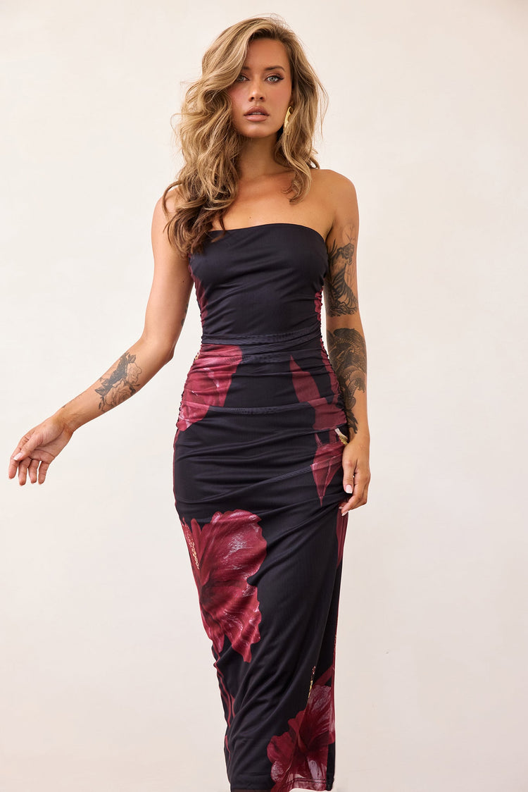 Crimson Whisper Mesh Midi Dress - Black-DRESSES