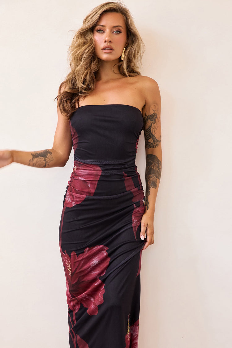 Crimson Whisper Mesh Midi Dress - Black-DRESSES