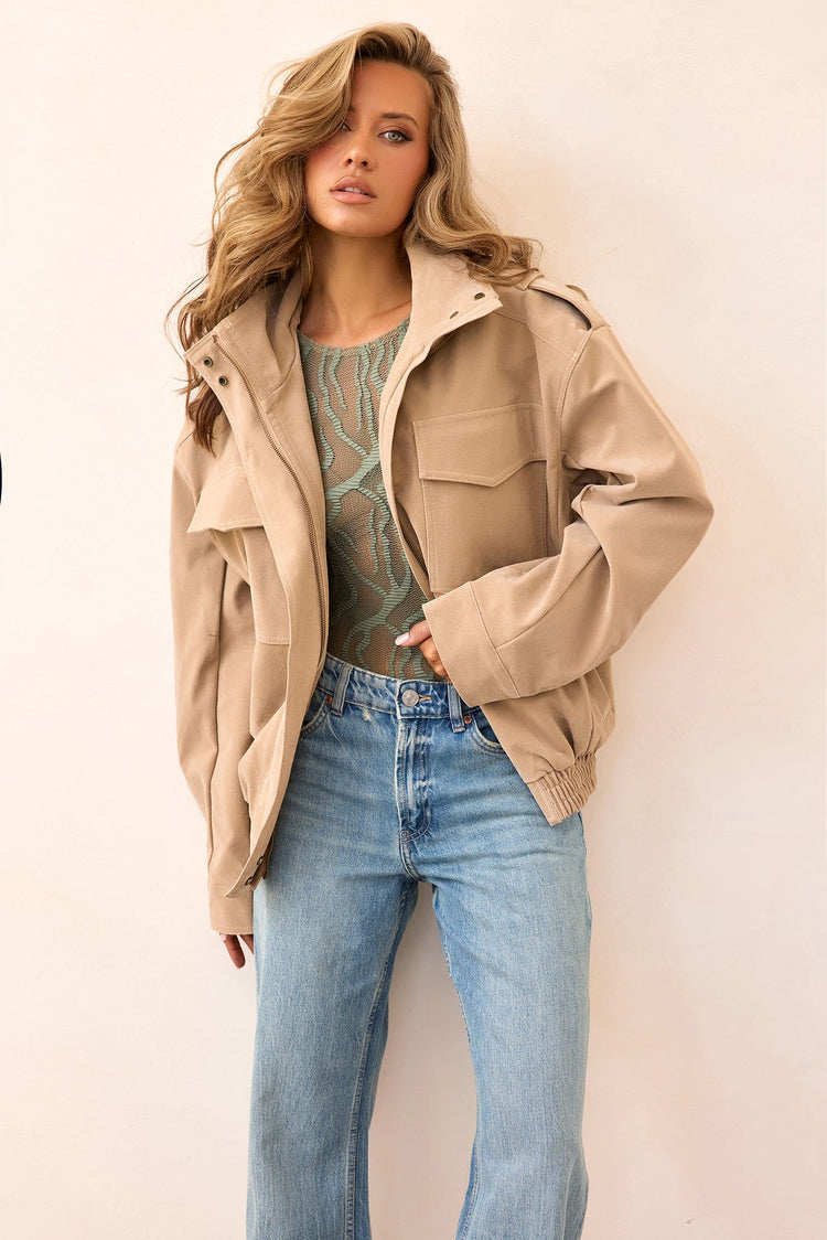 Urban Poise Vegan Leather Jacket - Beige-OUTERWEARS