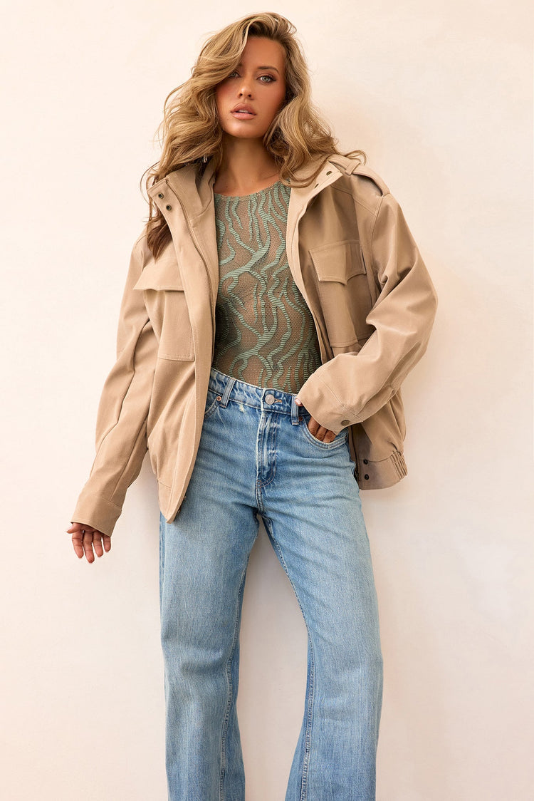 Urban Poise Vegan Leather Jacket - Beige-OUTERWEARS
