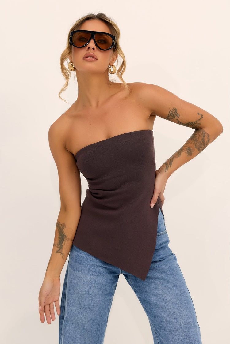 Elara Asymmetric Knit Top - Chocolate