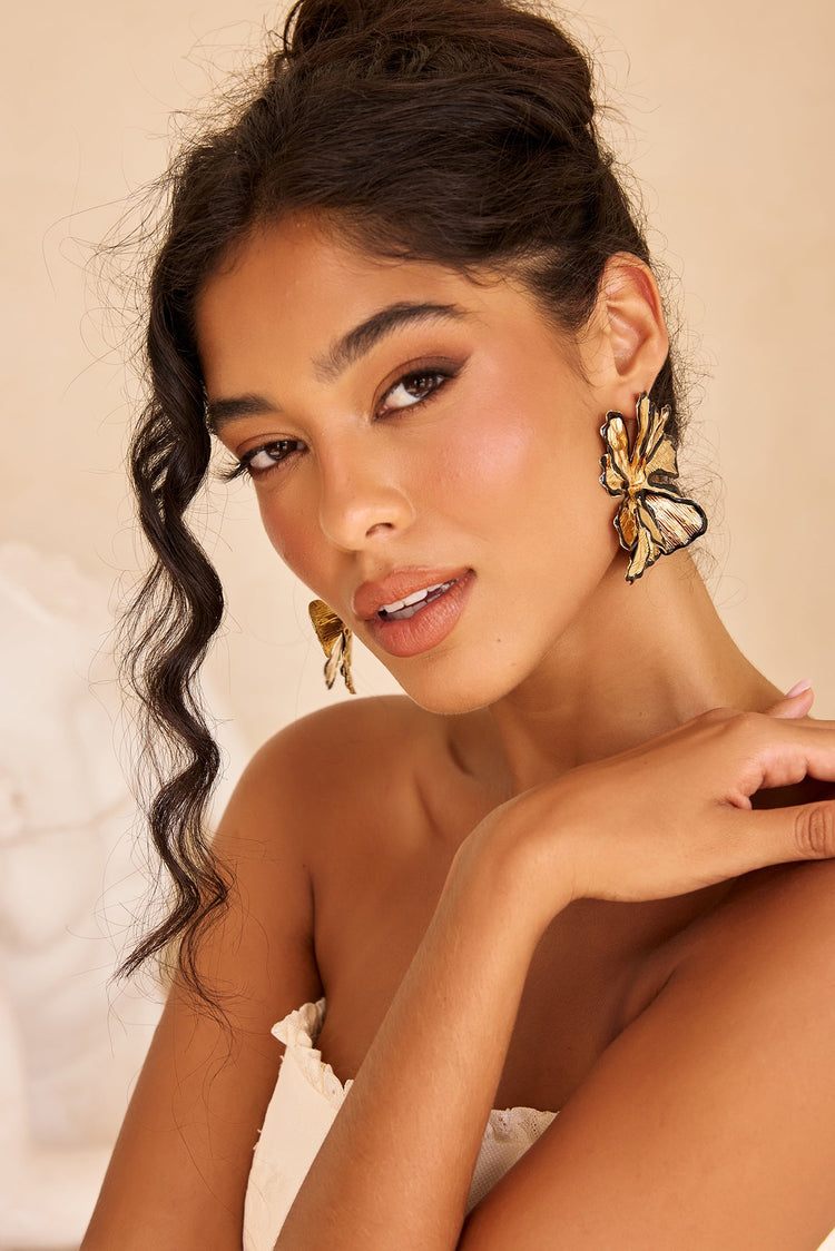 Fleur Noire Statement Earrings - Gold