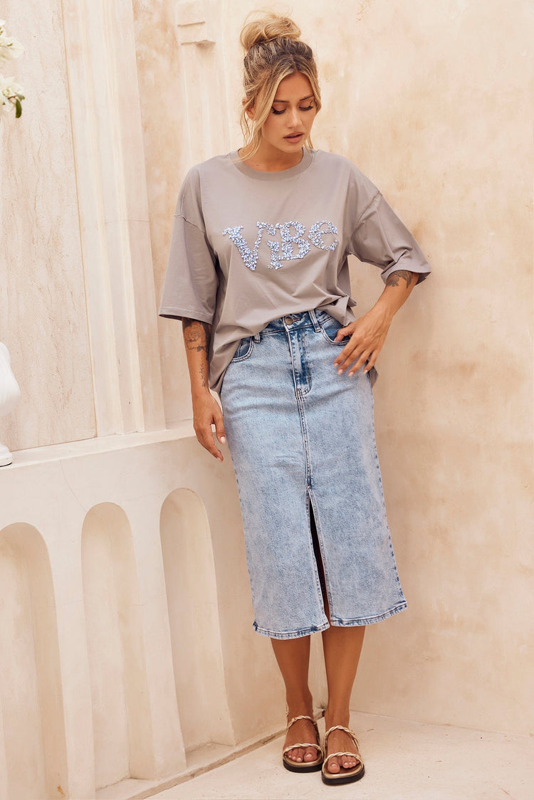 Always Mine Denim Midi Skirt - Washed Blue for women