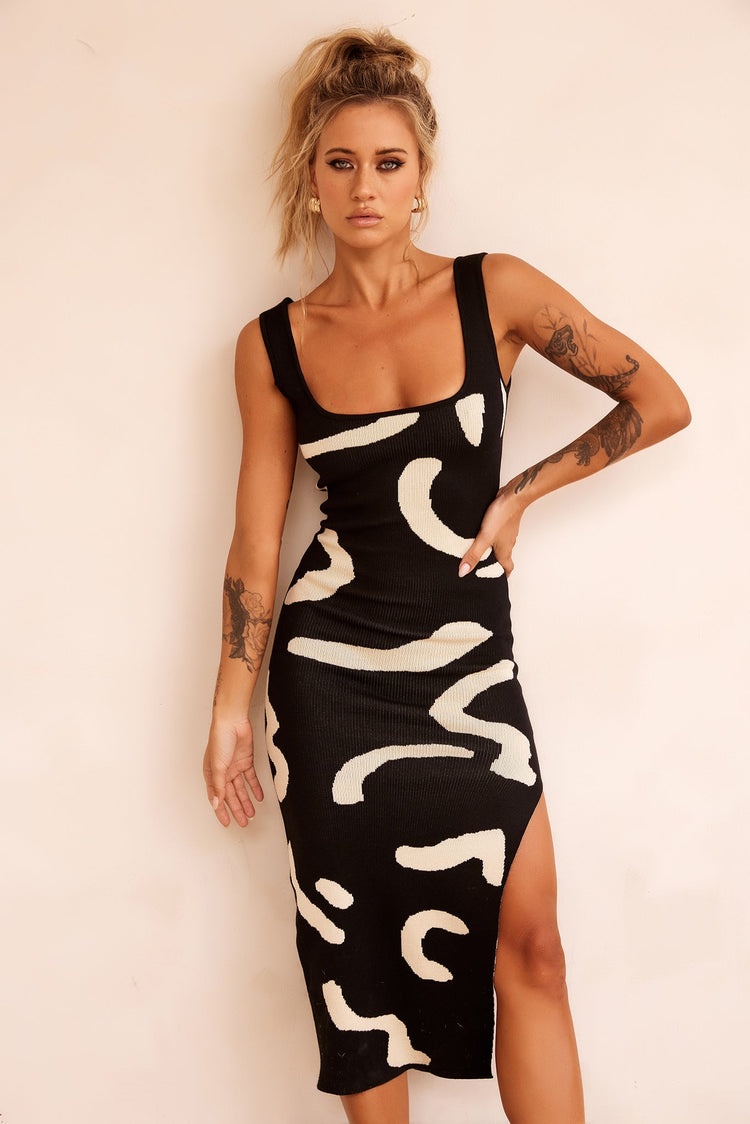 Attached Knit Midi Dress - Black for women