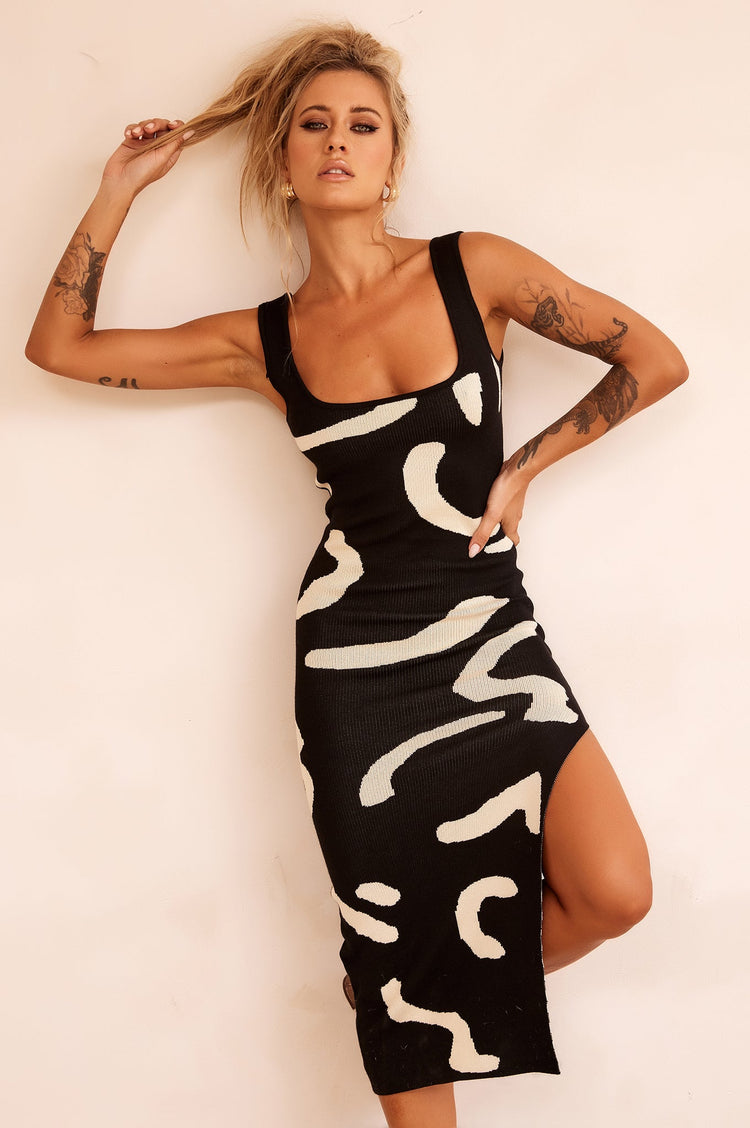 Attached Knit Midi Dress - Black for women
