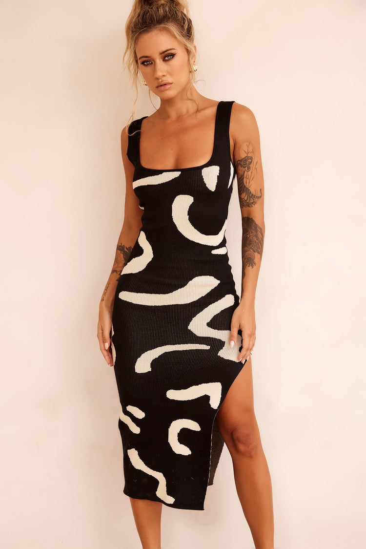 Attached Knit Midi Dress - Black for women