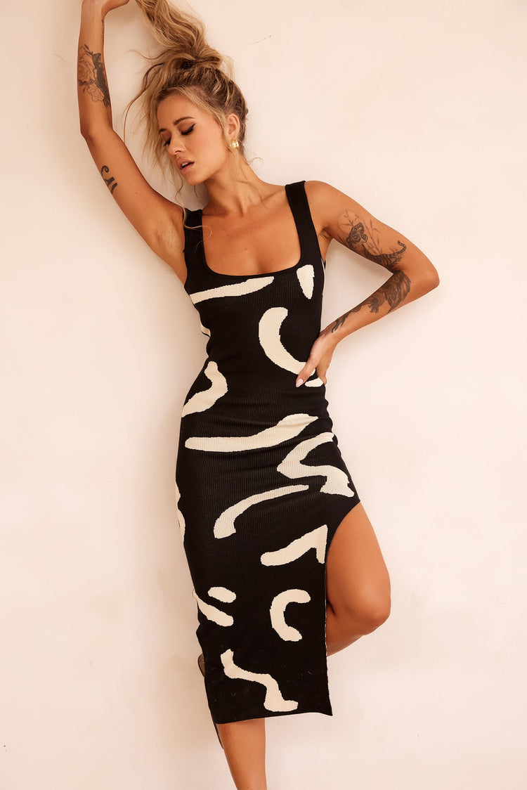 Attached Knit Midi Dress - Black for women