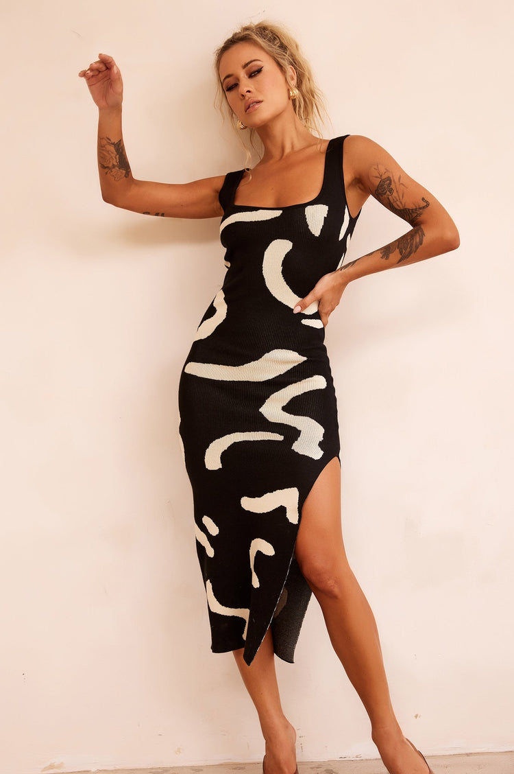 Attached Knit Midi Dress - Black for women