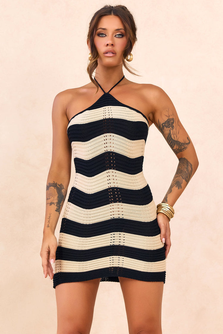 Coastal Waves Crochet Mini Dress - Black Beige for women