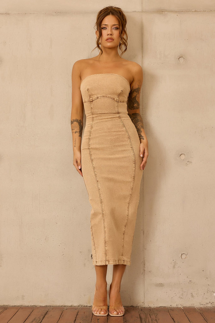 Curve Appeal Denim Midi Dress - Tan for women