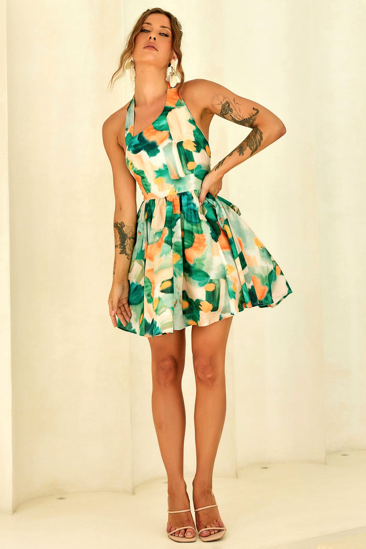 Eden Bloom Halter Woven Mini Dress - Green Multi for women