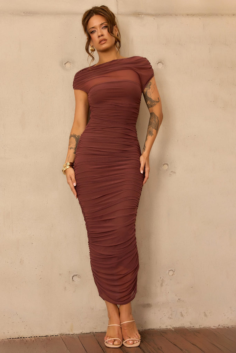 Elysian Mesh Midi Dress - Cocoa for women