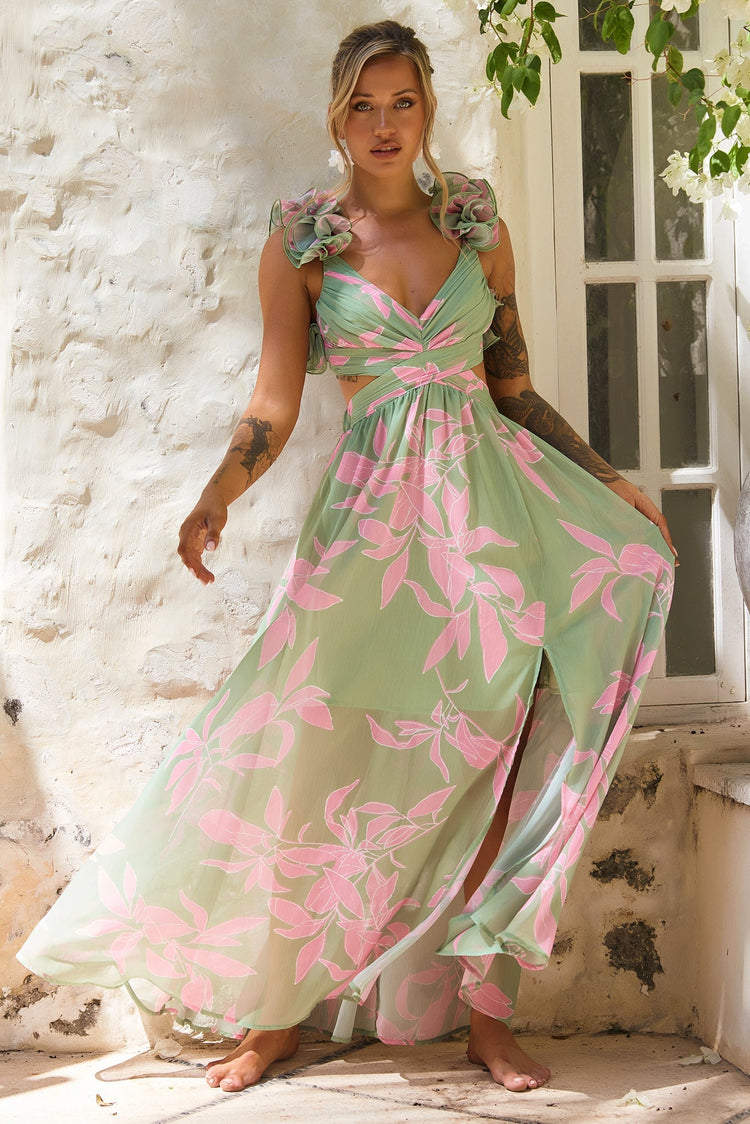 Ethereal Blossom Maxi Dress - Sage Multi for women