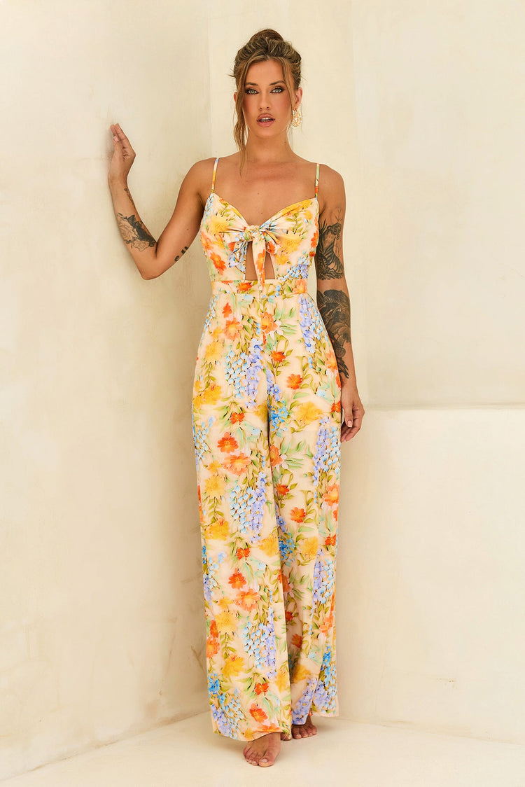 Floral Serenade Rayon Jumpsuit - Yellow Multi for women
